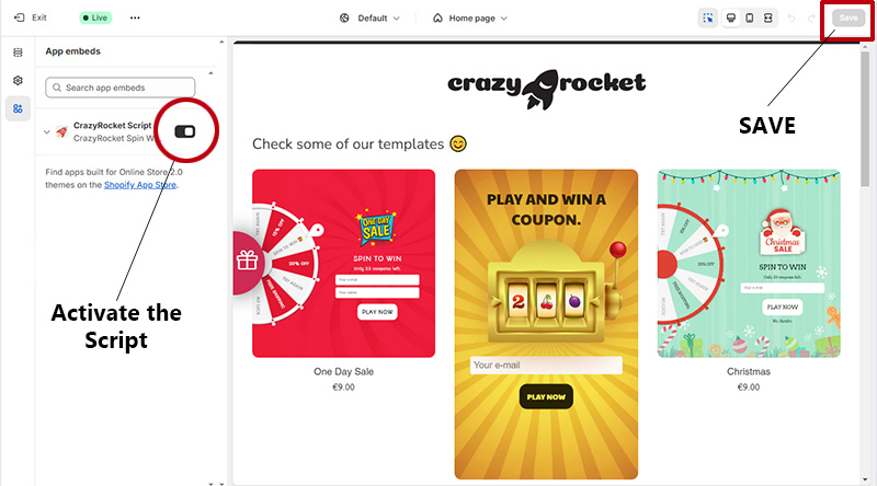 Enable CrazyRocket Spin Wheel on Shopify